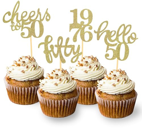 24 Stück 50. Geburtstag Cupcake Topper 50 von 1976 für Deko 50.Geburtstag | Gold Geburtstagsdeko 50, Glitzer 50 Kuchendekoration, 50 Geburtstagsfeier Zubehör Party Dekoration
