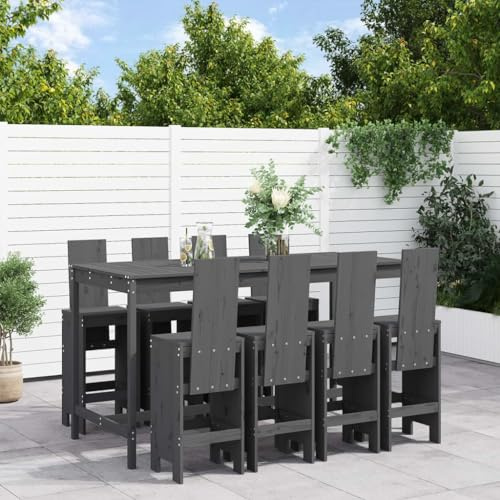 QJBSAVVA Gartenbar-Set 9-TLG. 203,5 x 90 x 110 cm Massiv-Kiefer Grau, Bartisch mit 8 stabilen Barhockern, Outdoor Möbelset für Balkon, Terrasse und Garten, Robustes Holz & Modernes Design