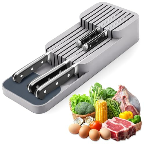 Messer Organizer Schublade,Messerblock ohne Messer,Verbesserte Messerblock | für Schublade,Schubladen-Organizer & Küchenhelfer für Schubladen Arbeitsfläche Küche Büro Werkstatt (Grau)