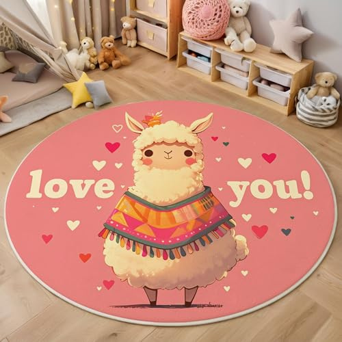 Kinder Teppich Kinderzimmer Zeichentricktiere Alpaka Kinder Teppich Babyzimmer Weicher Flor,Rosa, 120cm Rund für Kinderzimmer, Babyzimmer und Spielzimmer