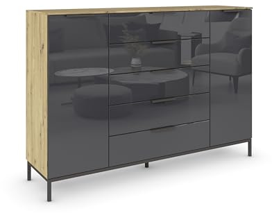 Rauch Möbel Flipp, Kommode, Farbe Glas Basalt/Eiche Artisan, Breite 160 cm | Sideboard, 2-türig, 5 Schubladen, Glasfront, Soft-Close, Griffe, Metallkufe Graphit für Schlafzimmer, Gästezimmer, Wohnzimmer