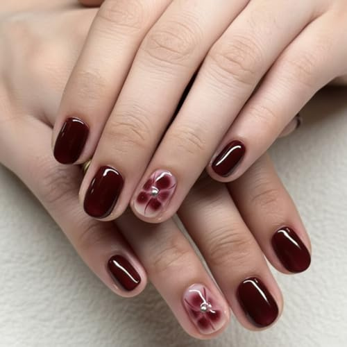Red Flower False Nails - Square Short Press On Nails 24PCS - Gradient Petal Design & 3d Crystal Diamond For Valentines Day - Burgundy Red Shade With Glossy Finished