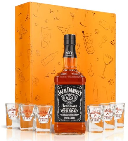 Sipply Geschenkset 7-teilig mit 6 Shotgläser Fire und 1 Flasche Jack Daniels 0,7l 40,0% Vol. | mit Geschenkverpackung: Orange | Geschenk für Frauen Männer Mama Papa Freundin zu Weihnachten Ostern