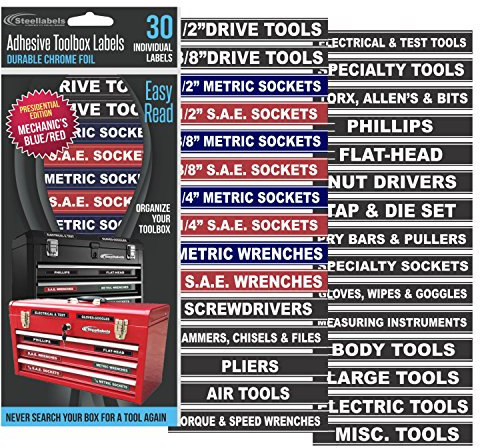 Tool Box Organizer Labels - Tough Foil adhesive decals for all toolboxes Craftsman, Snap-On, Cornwell, Husky, Stack On & more - stainless, aluminum, plastic & steel. organize it quick & easy