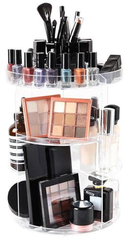 Rotating Makeup Organiser Cosmetic Storage Holder 360 Rotation Crystal Clear Acrylic Makeup Turntable Spin Display Stand Bathroom Bedroom Countertop Vanity Dressing Table Gift Girl Lady Women