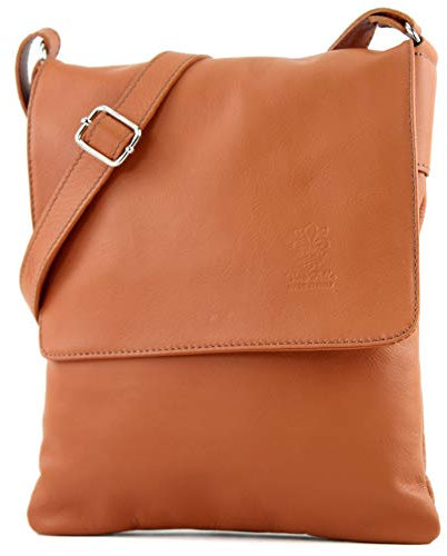 modamoda de - T33 - ital Umhängetasche Schultertasche aus Nappaleder, Farbe:Cognac
