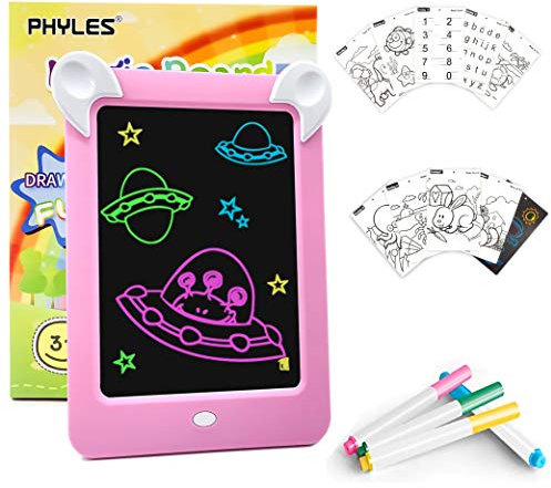 PHYLES Magic Drawing Pad, LED Zaubertafel Kinder 3-12 Jahre, enthält 19 Drawing Maltafel Pad (Buchstaben, Zahlen, Muster), 4 Zeichenstifte, 1 Reinigungstuch,Das perfekte Lernspielzeug (Rosa)