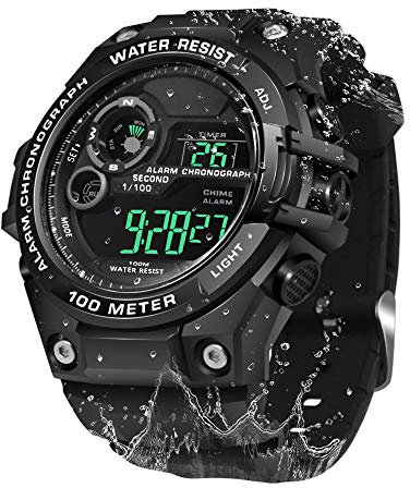 TEKMAGIC Mens Boys Swimming Watch 100m Water Resistant Diving Watch with Stopwatch, Chronograph, Alarm Functions, Dual Time Zone, 12/24 Hours Format