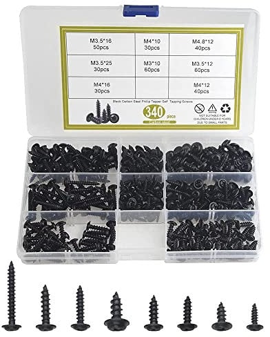BGTXINGI 340Pcs 8 Kinds M3 M3.5 M4 M4.8 Black Self Tapping Screw Black Finish Stainless Cross Recessed Truss Head Screw Assortment Kit Collected in A Convenient Case