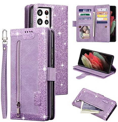 UEEBAI Hülle für Samsung Galaxy S21 Ultra 5G, Vintage Reißverschluss Handyhülle PU Leder Klapphülle Silikon Bumper mit 9 Kartenfächer Standfunktion Geldbörse Trageband Schutzhülle Wallet Case - Lila