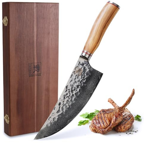 zayiko Minami Premium Kochmesser mit 20,5 cm Klinge gefertigt aus 67 Lagen echtem Damaststahl mit Hammerschlag und Olivenholzgriff I Holzbox I Damastmesser Küchenmesser und Profi Kochmesser