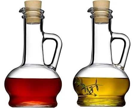 Oil & Vinegar Dispenser Set. Glass Bottle with Handle & Lid. (Set of 2) (260 cc)