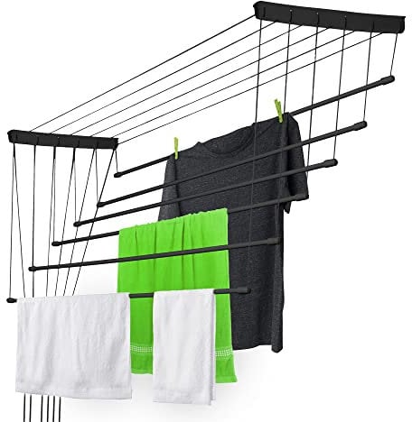KADAX Etendoir a Linge au Plafond avec Tiges en Acier, Pratique Systeme de Sechage Suspended pour Maximiser l'espace Interieur (Noir, 6 x 160 cm)