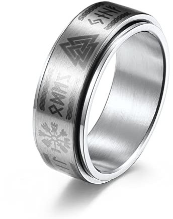 ZFSBRTL Norse Rune Ring, Männer Frauen Valknut Vegvisir Wikinger Symbole Drehbar Edelstahl Ehering Amulett Geschenk,Silber,9