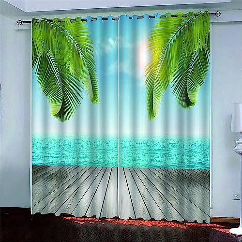 Vorhang Blickdicht Ösen Thermo Verdunkelungs Polyester Gardinen 2 Stück 3D Kokosnuss-Strand Für Schlafzimmer Wohnzimmer Kinder Oder Babyzimmer 140 X 160 cm (B X H) - Bedruckte Verdunkelungsvorhänge