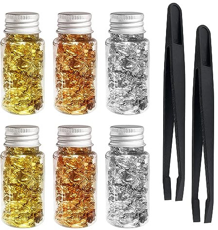 ATBUSS Lot de 6 bouteilles de feuilles d'aluminium avec 2 clips, feuilles en papier doré, feuille d'or, feuilles en feuille métallique, feuilles de décoration d'intérieur pour art en résine, peinture,