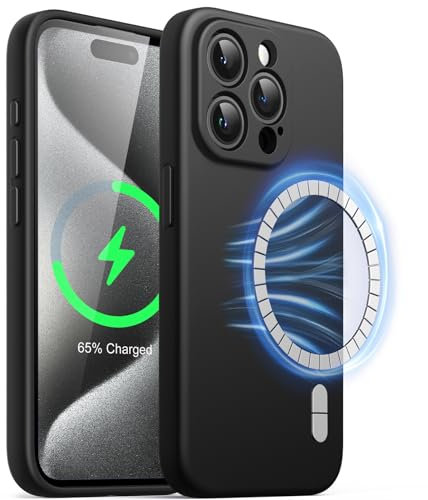 JETech Magnetic Silicone Case for iPhone 15 Pro Max 6.7-Inch, Compatible with MagSafe, Phone Cover with Camera Lens Full Protection (Black)