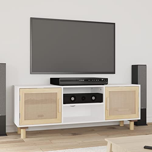 LAPOOH TV-Schrank, Tv Board, Tv Lowboard, Tv Tisch, Fernsehschrank, Fernsehtisch, Kommode, Sideboard Wohnzimmer, Tv Sideboard, Weiß 105x30x40 cm Massivholz Kiefer Natur-Rattan