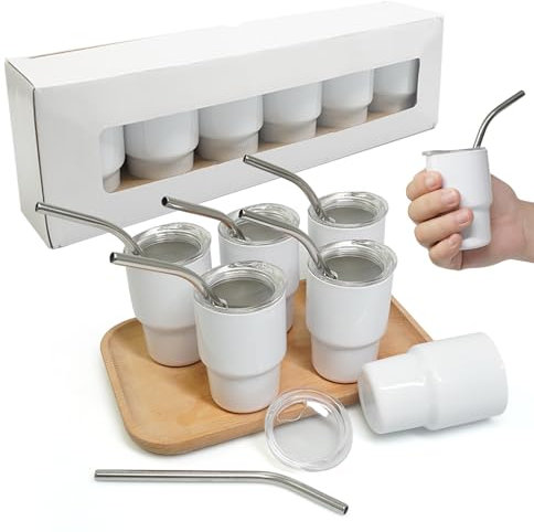 S-SNAIL-OO Mini Tumbler Shot Glass with Straw, Sublimation Double layer metal Cute Shot Glasses Set 3oz with Lids for drinks, coffee, cocktails. (6PC S-White)