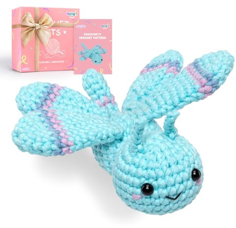 Mewaii Häkelset für Anfänger, komplettes DIY-Häkelset Tiere mit mehr als 40 % vorgestartetem Bandgarn, Schritt-für-Schritt-Video-Tutorials für Erwachsene und Kinder (blaue Libelle)