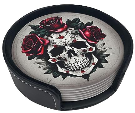 Lot de 6 dessous de verre en cuir synthétique ultra fin avec motif tête de mort rose rouge – Sous-verres polyvalents pour toutes les occasions