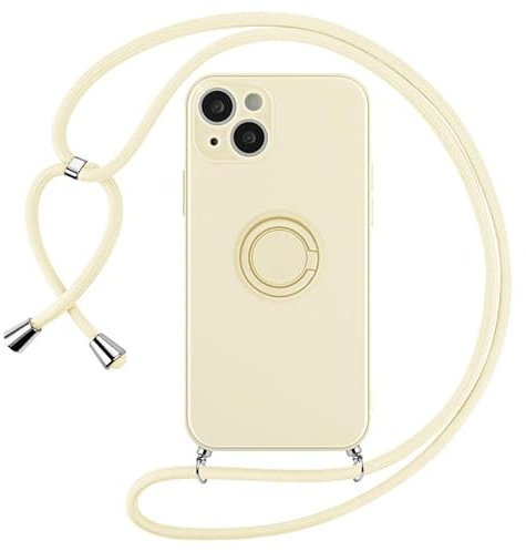 Foonary Coque pour Apple iPhone 13 Mini 5,4 avec Cordon de Collier, Anneau de Support à 360° Étui Housse Silicone Liquide, Corde Bandoulière Réglable Case Anti-Choc Cover pour iPhone 13 Mini, Beige