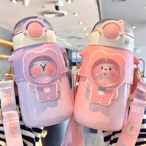Bonita botella de agua de acero inoxidable con popote y correa, botellas de agua Kawaii con aislamiento de oso, a prueba de fugas, de acero inoxidable, sin BPA, reutilizable, para niñas deportivas