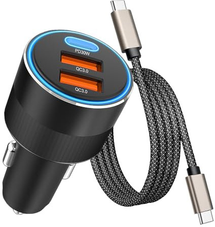 66W 3 Port Zigarettenanzünder USB C Adapter Kfz Ladegerät PD30W+Dual QC 3.0 18W Autoladegerät für Zigarettenanzünder Schnellladung mit 1M USB C Ladekabel 3A