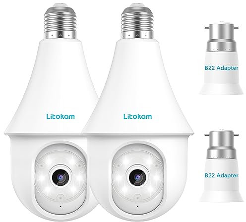 litokam Littleelf Light Bulb Security Camera, 4MP Wireless Camera Outdoor Indoor, 360°WiFi Security Cameras for Home CCTV Security with Color Night Vision, Support E27/B22 Light Bulb Socket-2 Pack