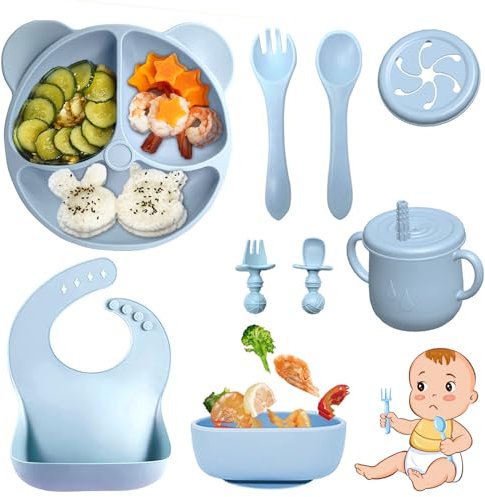 Bizcasa Vajilla Bebe Silicona, 9 Piezas Vajilla de Silicona para Bebés Antideslizante, Con Plato Cuenco Babero Taza, Vajilla de aprendizaje para comer destete, Sin BPA (Azul)
