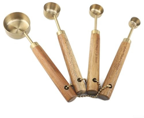 Cobre galvanizado, juego de cucharas medidoras de acero inoxidable, mango de madera de acacia, 4 tazas, 4 cucharas (cuchara medidora)