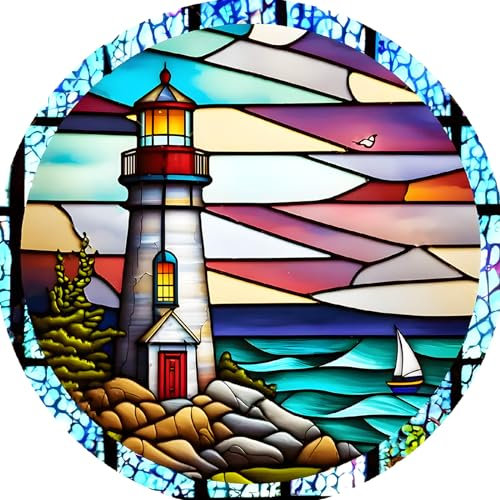 AIRDEA Buntes Leuchtturm-Buntglas Diamant Painting Bilder Kits, 5D Diamond Painting nach Zahlen Erwachsene, Teilweise Diamant Bilder Stickerei Arts Craft Set für Wand Room Home Décor 30x30cm