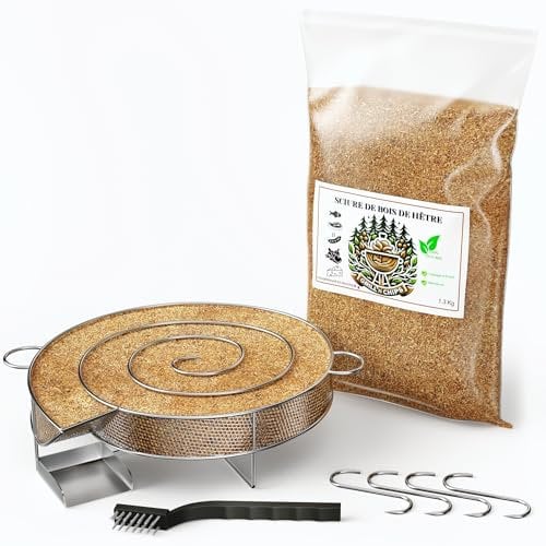 Générateur/Serpentin de Fumée Froide pour Fumoir Viande et Poisson + 1.2kg de Sciure de bois de hêtre + 4 crochets et 1 Brosse de nettoyage - Guide Numérique PDF à Télécharger (Offert)