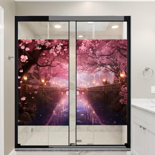 AYAROS Schöne Kirschbäume Fensterfolie Privatsphäre Romantische Landschaft Blumen Buntglas Fensterfolie Sonnenblockierung Dekorative Fensterabdeckung Folie für Home Office 90 x 140 cm x2 Stück