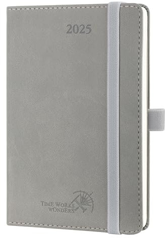 POPRUN Taschenkalender 2025 Klein Softcover mit PU-Leder, ca. A6 (16 x 10,5 cm) - Kalender 2025 Klein (Jan.2025-Dez.2025) - Terminplaner 1 Woche 2 Seite mit Stiftschlaufe - Grau