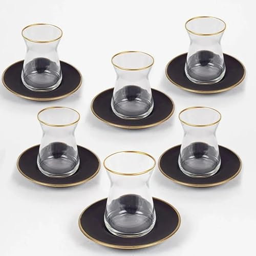 RAKLE Juego de tazas de té turco tradicional - Juego de 12 Piezas de Té Turco en Color Negro (6 Tazas de té y 6 Platos de té) – Juego de vasos y platillos para el Té para 6 personas