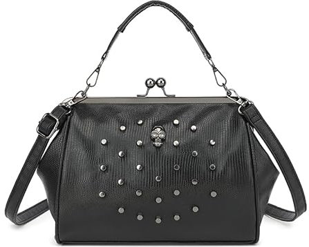 Damen Vintage Hohl Handtasche PU Leder Kiss Lock Niet Totenkopf Schulter Umhängetasche Abend Clutch Satchel Geldbörse (Schwarzer Einzelschädel)
