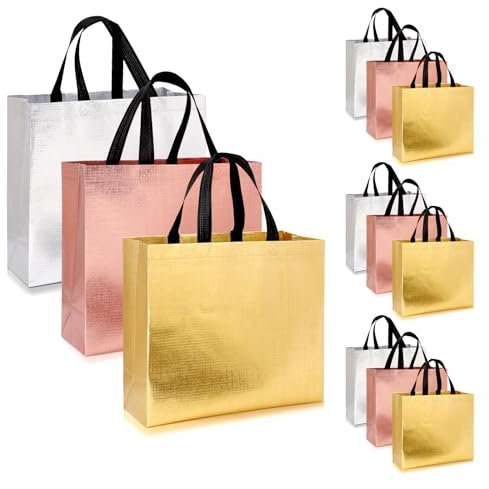 PHOGARY Large Gift Bags for Presents – 12 Reusable Luxury Birthday Gift Bag for Women Non-Woven Shiny Bridesmaid Gift Bags, Silver Rose Gold Reusable Party Bags for Baby Shower Wedding-33x22 x12cm