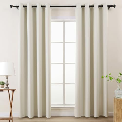 L.Z.E Vorhänge Verdunkelung Elfenbein, CremeAbdunkelnde Gardinen Vorhang mit Ösen, 100% Verdunkelnde Gardinenschal für Schlafzimmer und Wohnzimmer, 245 cm Lang, 2er Set Leinenoptik Blickdicht