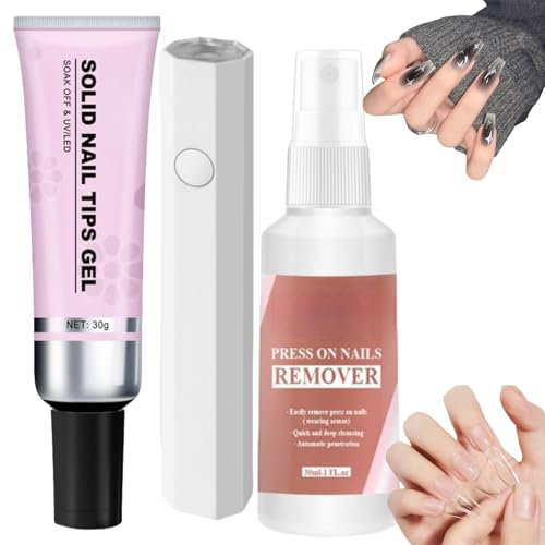 Solid Nail Glue Kit,Nail Gel Glue and Nail Glue Remover with Curing Lamp Set,Fake Acrylic Nails Kit,Nail Art Kits,Nail Glue Extra Strong,Nail Glue for Press on Nails,Solid Nail Glue Gel Remover