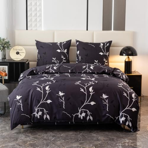 Cotton Market Bettwäsche - Bettwäsche-Sets 3 Teilig - Bettbezug 135x200 cm und 1 Kissenbezug 70x80 cm - Blätter(Blau)