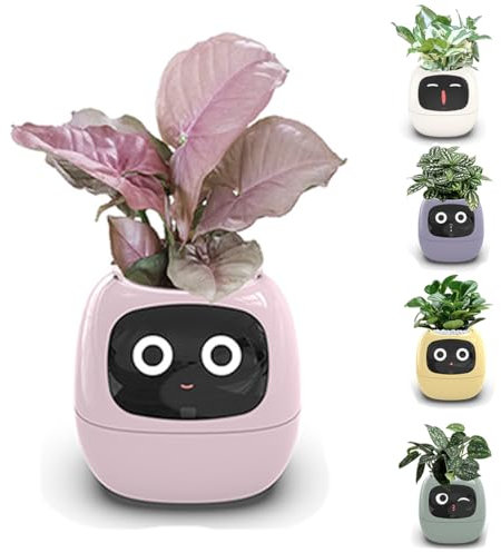 Pot de Plante Intelligent, Pots de Fleurs intelligents AI pour Plusieurs Expressions, puces AI 7 capteurs intelligents, écran LCD, contrôle par Application, jardinière de Jardin pour la Maison Pink
