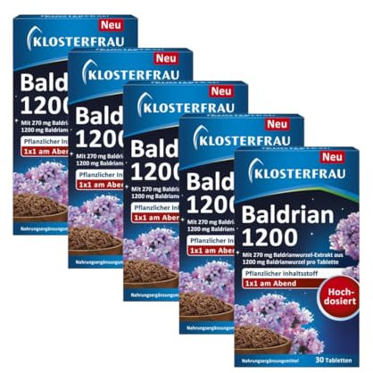Klosterfrau Baldrian 1200 | mit hochdosiertem Baldrianwurzel-Extrakt | B-Vitamine tragen zu einer normalen Funktion des Nervensystems bei | Zur Unterstützung eines ruhigen Schlafs | 5 x 30 Tabletten
