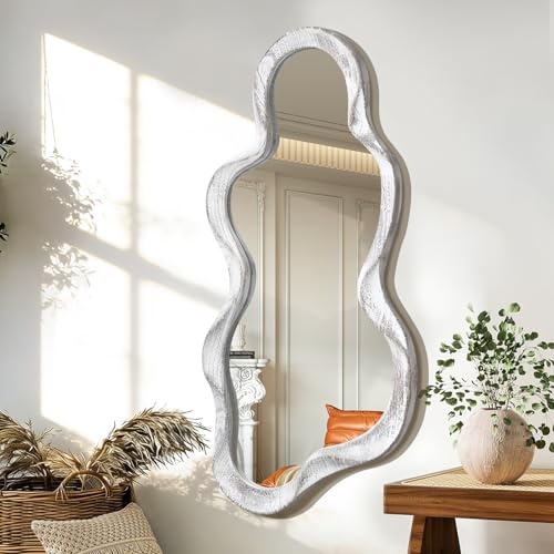 Lzuso Asymmetrischer Spiegel Unregelmäßiger Wandspiegel Moderner Holzrahmen Einzigartiger künstlerischer Spiegel stilvoller Wolkenspiegel Dekorativ für Schlafzimmer Wohnzimmer Badezimmer Großes