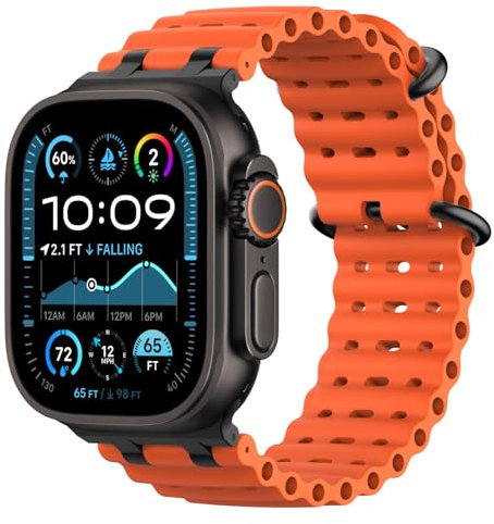 Astorgos Correas Ocean Compatible con Apple Watch Ultra2/Ultra 49mm,S10 46mm,9/8/7 45mm,SE2/SE/6/5/4 44mm,3/2/1 42mm,Correa de Reloj Deportiva con Conector Metálico para Hombre Mujer, Negro/Naranja