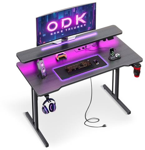 ODK Small Gaming Table with LED Lights and Sockets, Gaming Desk with Socket, PC Tishc with Cup Holder and Headphone Hook, Carbon Fibre Black, 100 cm