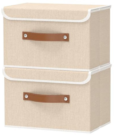 OUTBROS 2-Teilige Aufbewahrungsbox, Kisten Aufbewahrung Mit Deckel, Stoff Aufbewahrungswürfel mit Griff, Lagerraum für Kleidung im Schlafzimmer, 38 x 25 x 25 cm, Beige