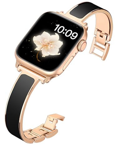 wipalor Slim Bangle Strap Fit Apple Watch Straps Women 46mm 45mm 44mm 42mm 49mm, Metal Minimalist iWatch Strap, Ladies Bracelet for Apple Watch Band Series 10 SE 9 8 7 6 5 4 3 Ultra, Rose Gold/Black