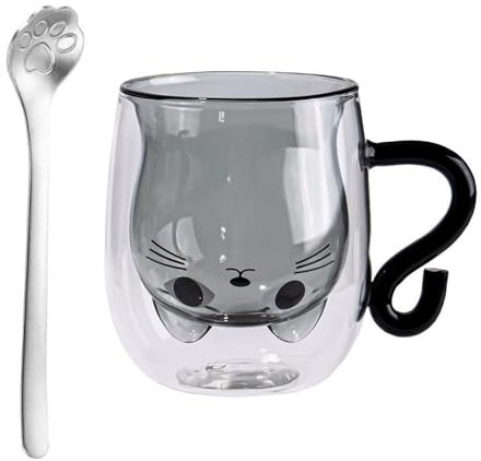Binblin Tasse Chat,Cadeau Chat,Tasse Double Paroi,Tasse Cappuccino,Verre Double Paroipour Cappuccino,Latte Macchiato,Lait,Cadeau de Noël Valentin Anniversaire pour Femme Maman Amie Enfant