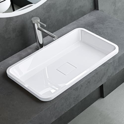 Mai & Mai Vasque à Encastrer Blanc Rectangulaire 53cm Lavabo Salle de Bain Évier Lave Mains avec Cache Bonde Col104